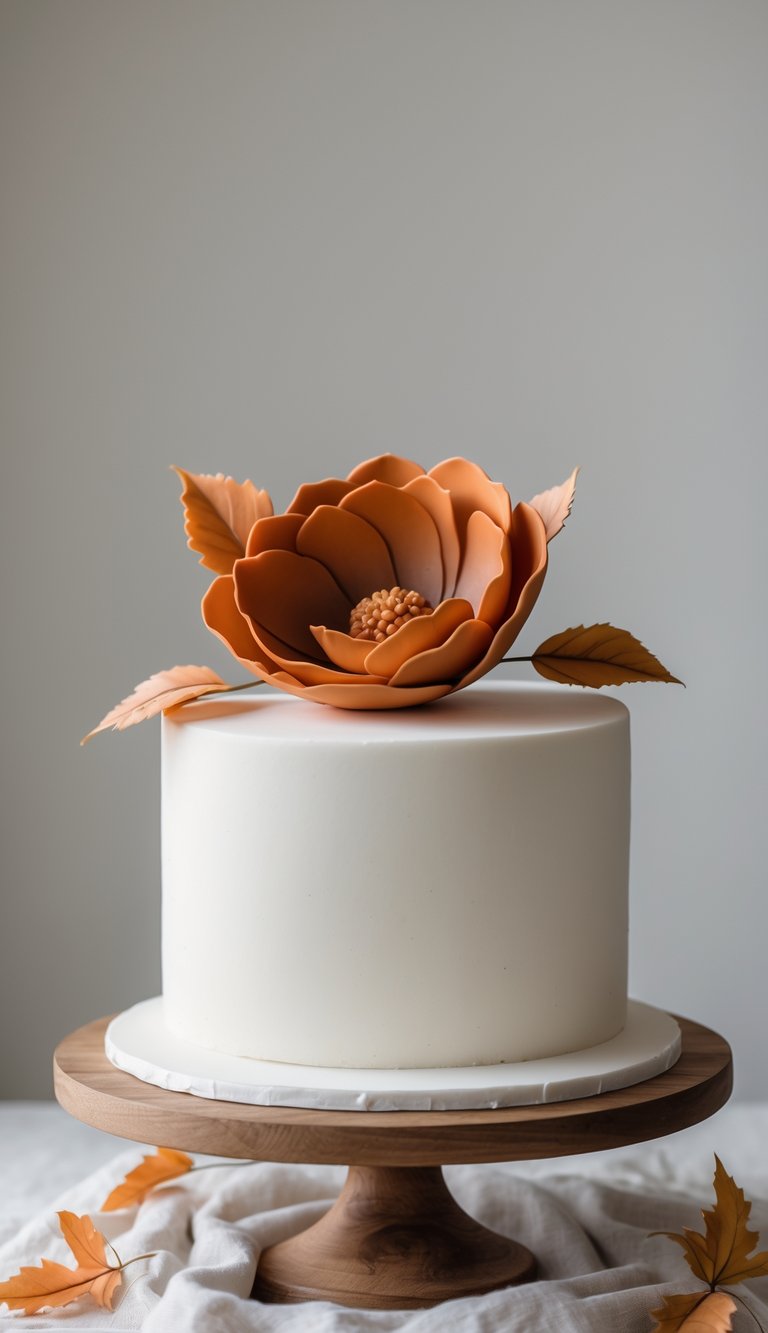 A white wedding cake with a single large burnt orange sugar flower on top.